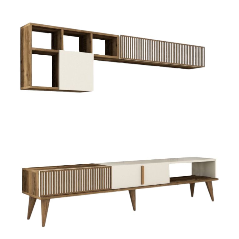 Parete attrezzata Kepler, Composizione soggiorno, Mobile salotto multiuso, Armadio porta TV, 180x35 h40 cm, Noce e Crema