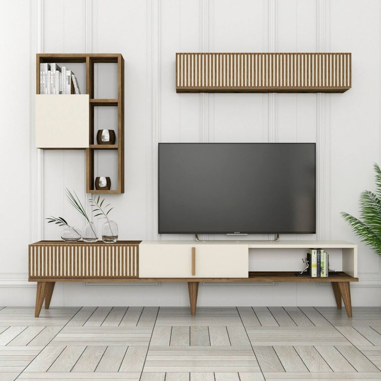 Parete attrezzata Kepler, Composizione soggiorno, Mobile salotto multiuso, Armadio porta TV, 180x35 h40 cm, Noce e Crema