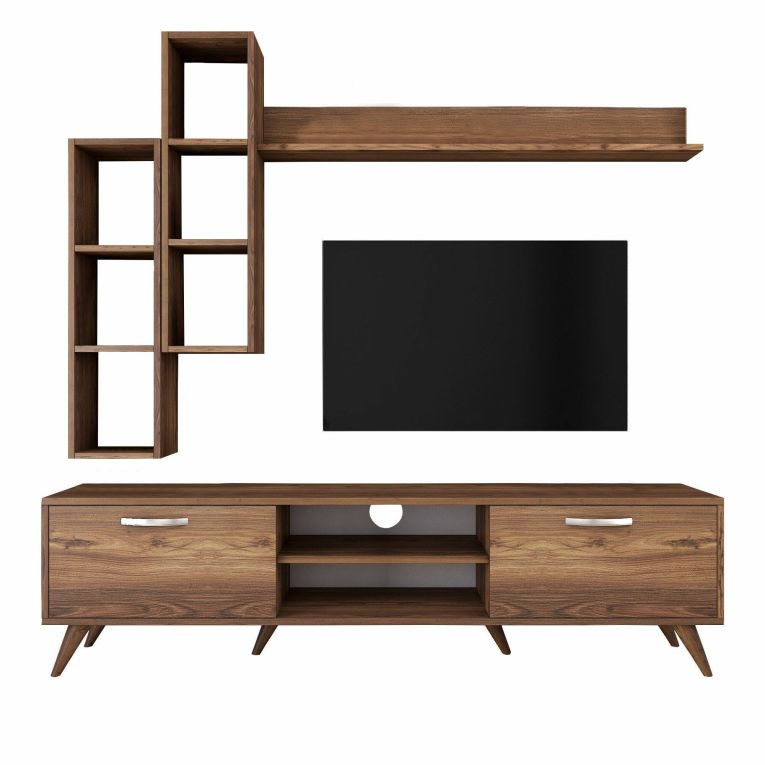 Parete attrezzata Lokis, Composizione soggiorno, Mobile salotto multiuso, Armadio porta TV, 180x35 h49 cm, Noce