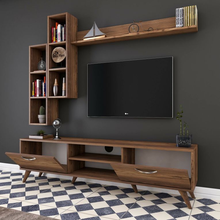 Parete attrezzata Lokis, Composizione soggiorno, Mobile salotto multiuso, Armadio porta TV, 180x35 h49 cm, Noce