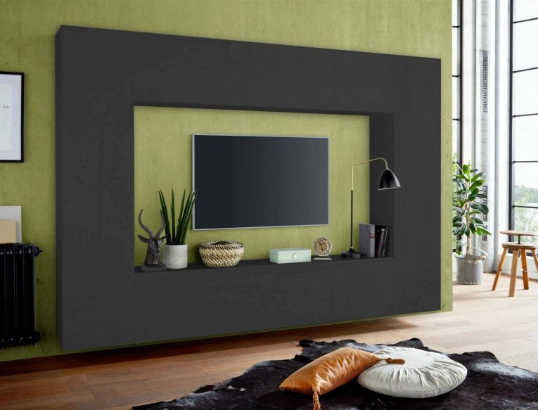 Parete attrezzata Luigi, Set salotto porta TV a 4 ante, Mobile soggiorno multiuso, 100% Made in Italy, cm 260x30h180, Antracite