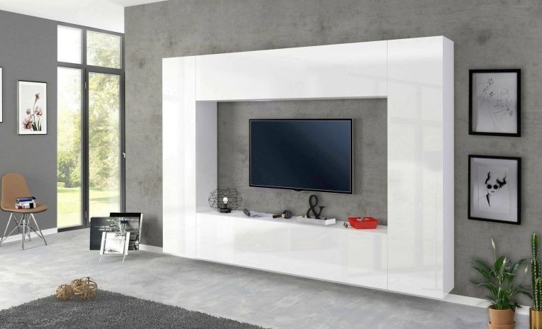Parete attrezzata Luigi, Set salotto porta TV a 4 ante, Mobile soggiorno multiuso, 100% Made in Italy, cm 260x30h180, Bianco lucido