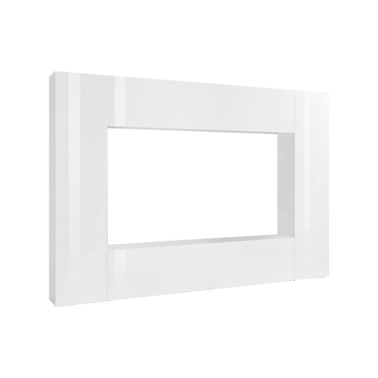 Parete attrezzata Luigi, Set salotto porta TV a 4 ante, Mobile soggiorno multiuso, 100% Made in Italy, cm 260x30h180, Bianco lucido