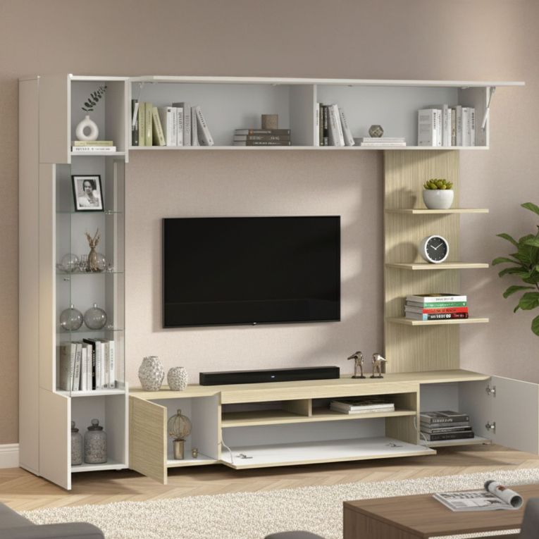 Parete Attrezzata Marrone Acero Beige Cashmere 8 Ripiani 5 Ante 245x40x191.2h cm, Apertura Battente - Galatina