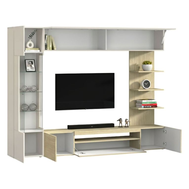 Parete Attrezzata Marrone Acero Beige Cashmere 8 Ripiani 5 Ante 245x40x191.2h cm, Apertura Battente - Galatina