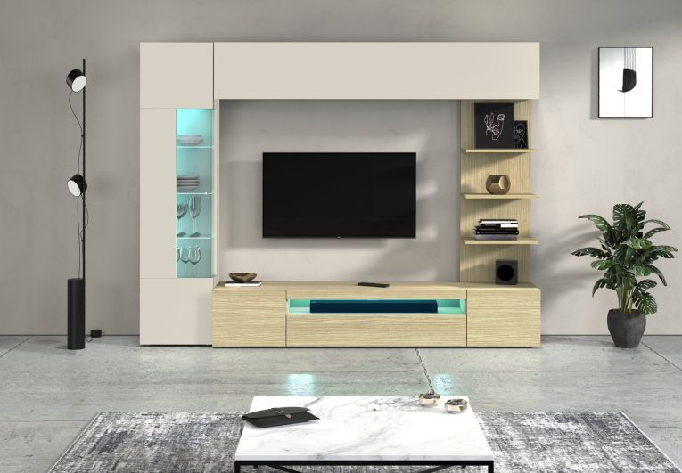 Parete Attrezzata Marrone Acero Beige Cashmere 8 Ripiani 5 Ante 245x40x191.2h cm, Apertura Battente - Galatina
