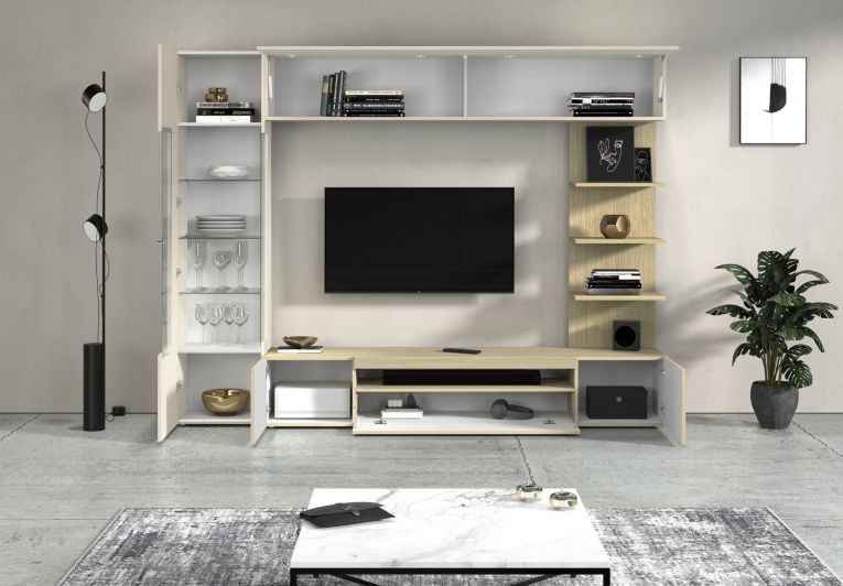 Parete Attrezzata Marrone Acero Beige Cashmere 8 Ripiani 5 Ante 245x40x191.2h cm, Apertura Battente - Galatina