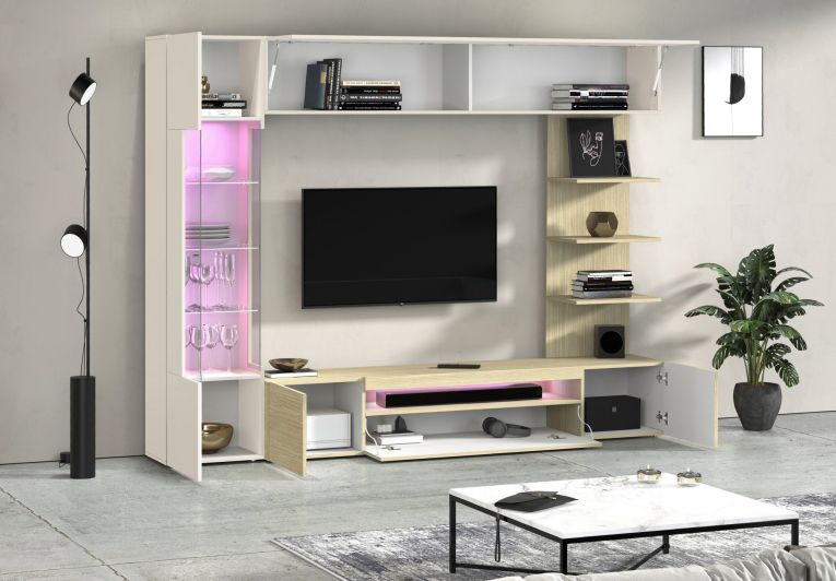 Parete Attrezzata Marrone Acero Beige Cashmere 8 Ripiani 5 Ante 245x40x191.2h cm, Apertura Battente - Galatina