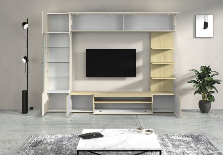 Parete Attrezzata Marrone Acero Beige Cashmere 8 Ripiani 5 Ante 245x40x191.2h cm, Apertura Battente - Galatina