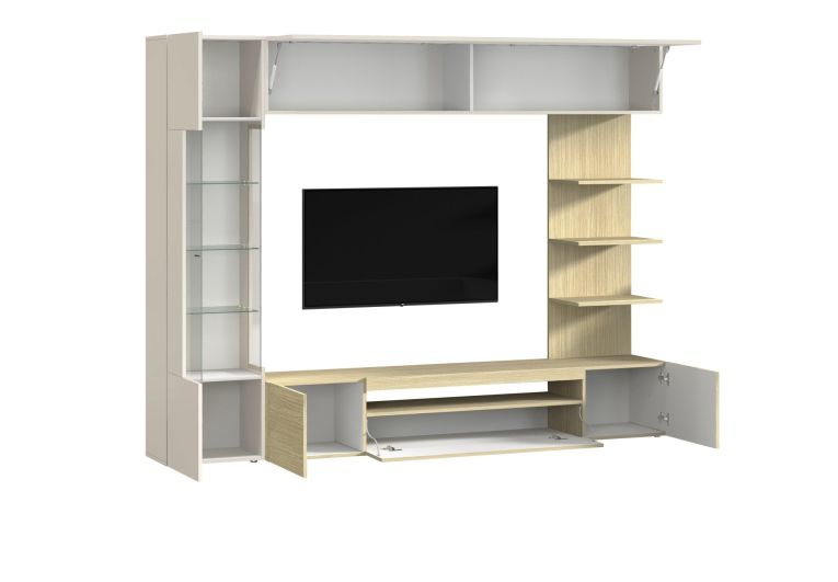 Parete Attrezzata Marrone Acero Beige Cashmere 8 Ripiani 5 Ante 245x40x191.2h cm, Apertura Battente - Galatina