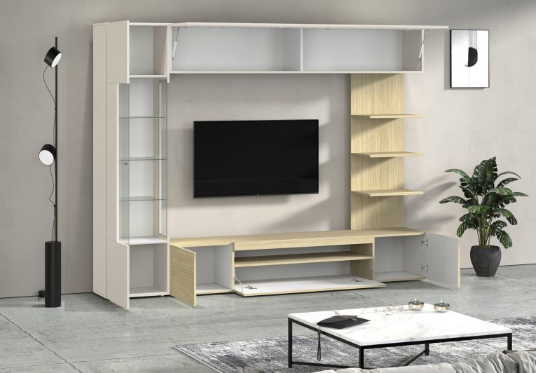 Parete Attrezzata Marrone Acero Beige Cashmere 8 Ripiani 5 Ante 245x40x191.2h cm, Apertura Battente - Galatina