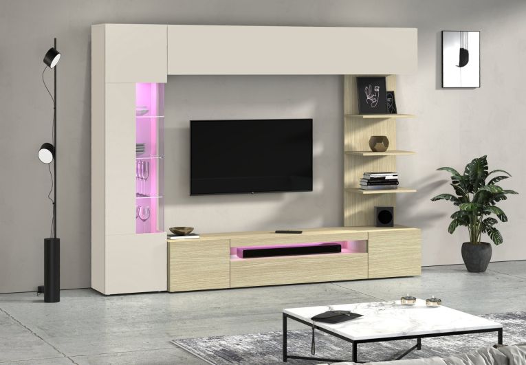 Parete Attrezzata Marrone Acero Beige Cashmere 8 Ripiani 5 Ante 245x40x191.2h cm, Apertura Battente - Galatina