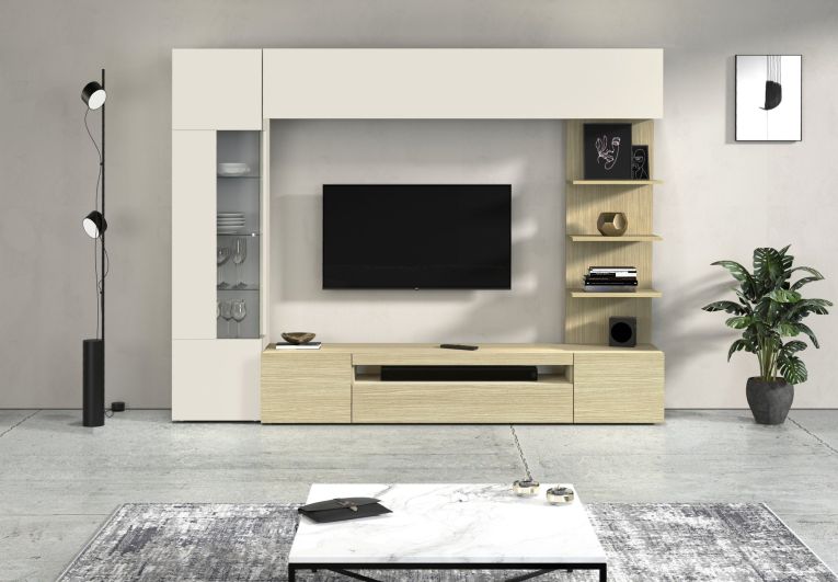 Parete Attrezzata Marrone Acero Beige Cashmere 8 Ripiani 5 Ante 245x40x191.2h cm, Apertura Battente - Galatina