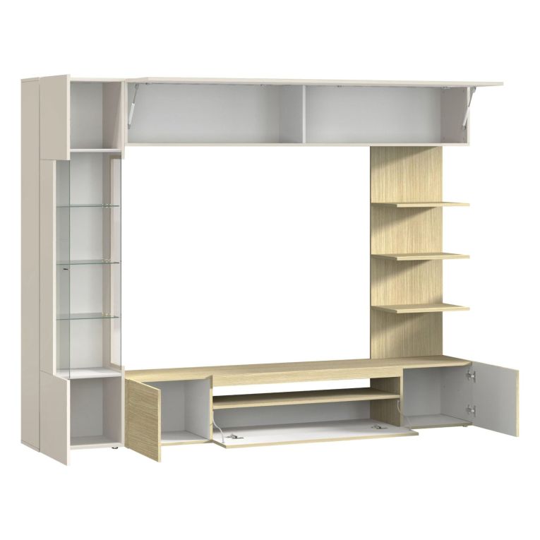Parete Attrezzata Marrone Acero Beige Cashmere 8 Ripiani 5 Ante 245x40x191.2h cm, Apertura Battente - Galatina