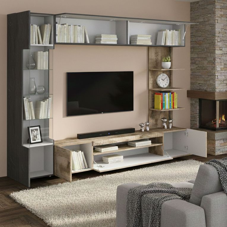 Parete Attrezzata Marrone Acero Grigio Ardesia 8 Ripiani 5 Ante 245x40x191.2h cm, Apertura Battente - Galatina