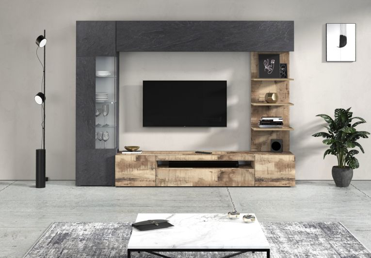 Parete Attrezzata Marrone Acero Grigio Ardesia 8 Ripiani 5 Ante 245x40x191.2h cm, Apertura Battente - Galatina