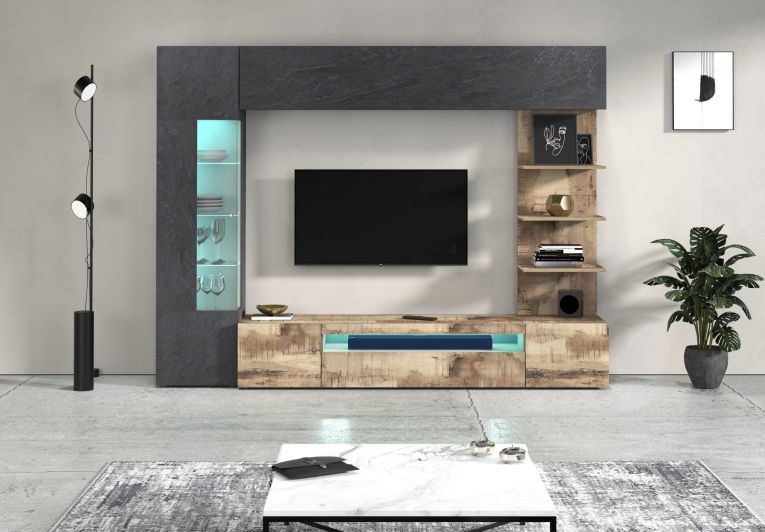 Parete Attrezzata Marrone Acero Grigio Ardesia 8 Ripiani 5 Ante 245x40x191.2h cm, Apertura Battente - Galatina