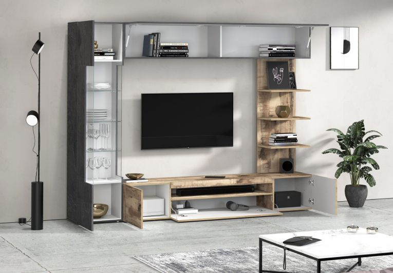 Parete Attrezzata Marrone Acero Grigio Ardesia 8 Ripiani 5 Ante 245x40x191.2h cm, Apertura Battente - Galatina