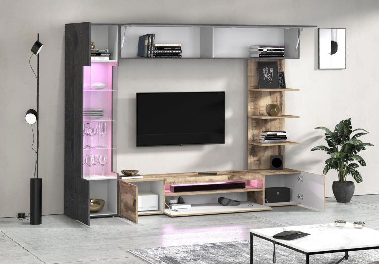 Parete Attrezzata Marrone Acero Grigio Ardesia 8 Ripiani 5 Ante 245x40x191.2h cm, Apertura Battente - Galatina