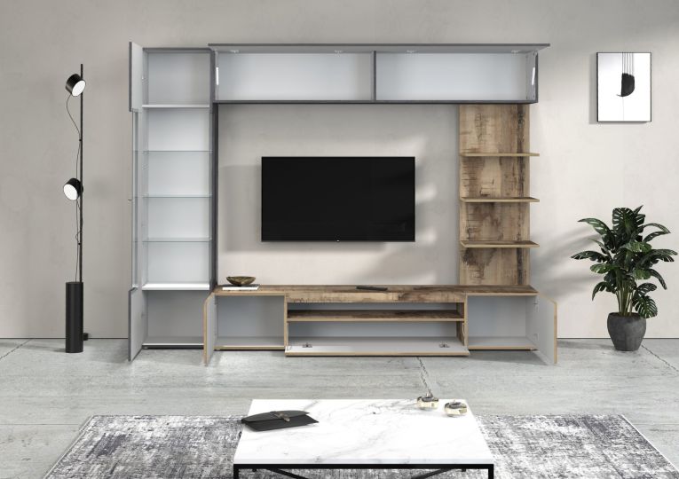 Parete Attrezzata Marrone Acero Grigio Ardesia 8 Ripiani 5 Ante 245x40x191.2h cm, Apertura Battente - Galatina