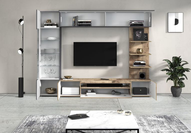 Parete Attrezzata Marrone Acero Grigio Ardesia 8 Ripiani 5 Ante 245x40x191.2h cm, Apertura Battente - Galatina