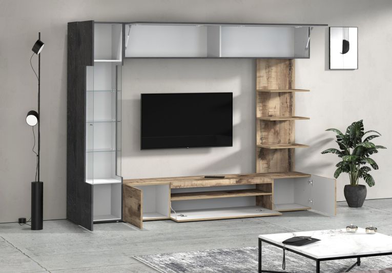 Parete Attrezzata Marrone Acero Grigio Ardesia 8 Ripiani 5 Ante 245x40x191.2h cm, Apertura Battente - Galatina