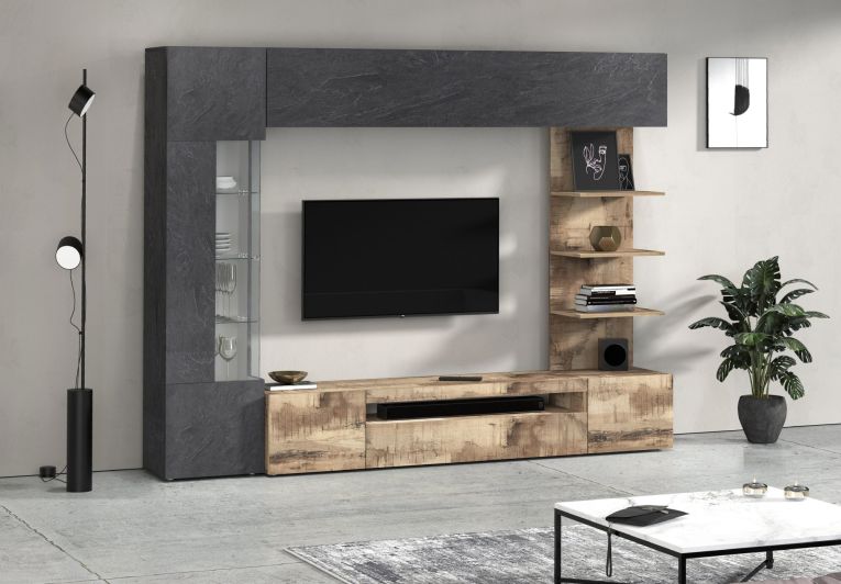 Parete Attrezzata Marrone Acero Grigio Ardesia 8 Ripiani 5 Ante 245x40x191.2h cm, Apertura Battente - Galatina
