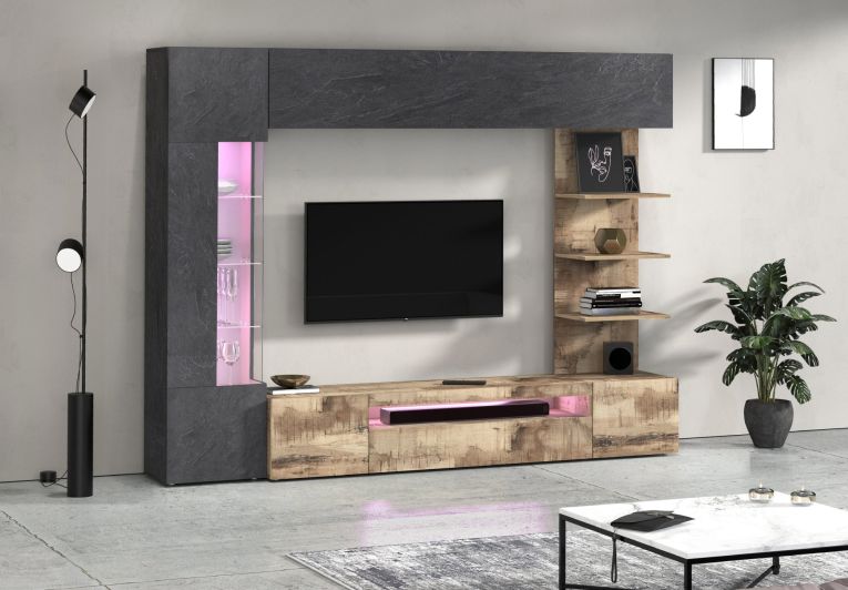 Parete Attrezzata Marrone Acero Grigio Ardesia 8 Ripiani 5 Ante 245x40x191.2h cm, Apertura Battente - Galatina