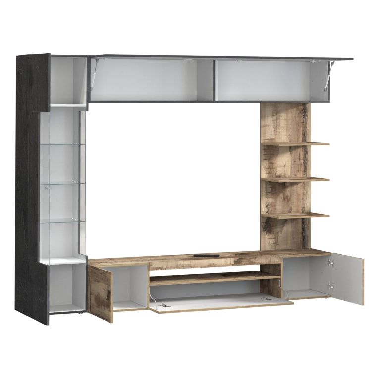 Parete Attrezzata Marrone Acero Grigio Ardesia 8 Ripiani 5 Ante 245x40x191.2h cm, Apertura Battente - Galatina