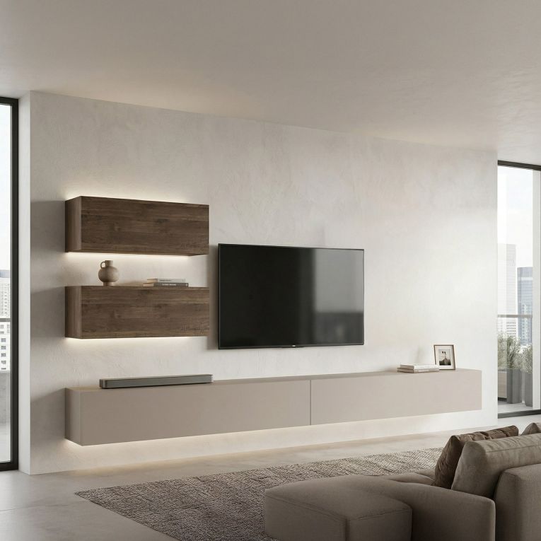 Parete Attrezzata Marrone Noce Beige 4 Ripiani Modulabile, Apertura Battente - Suisio