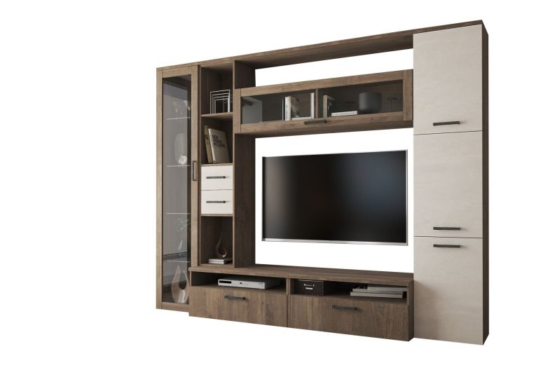 Parete Attrezzata Marrone Noce Beige 5 Ripiani 2 Cassetti, Modulabile - Sovizzo