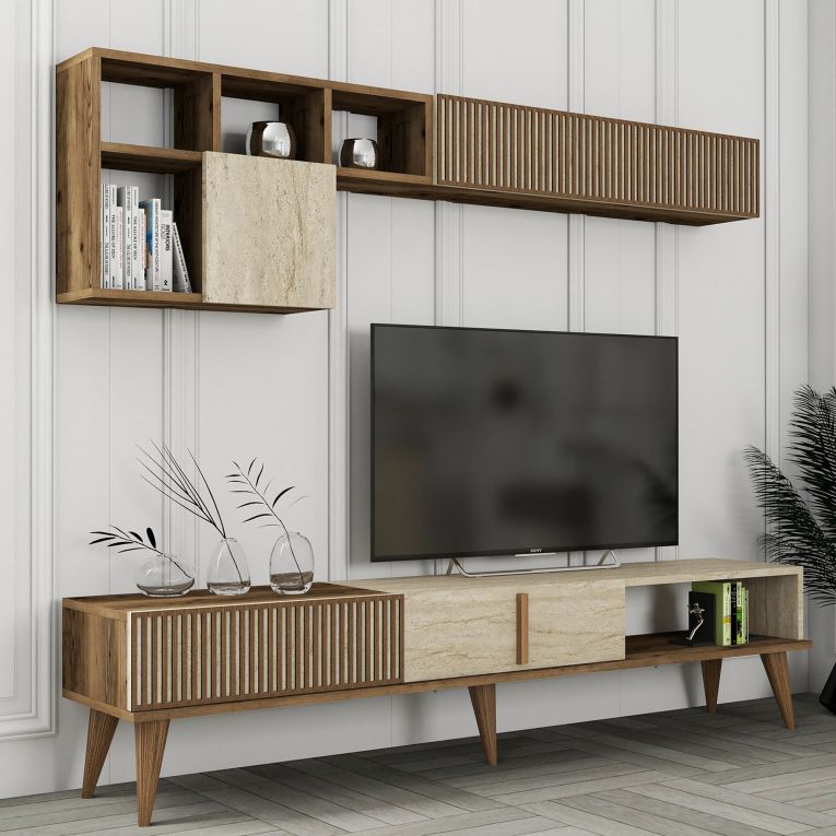 Parete Attrezzata Marrone Noce Beige Marmo Modulabile 11 Ripiani, 10 Vani - Cavoti