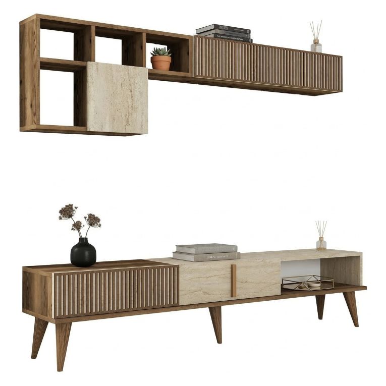 Parete Attrezzata Marrone Noce Beige Marmo Modulabile 11 Ripiani, 10 Vani - Cavoti