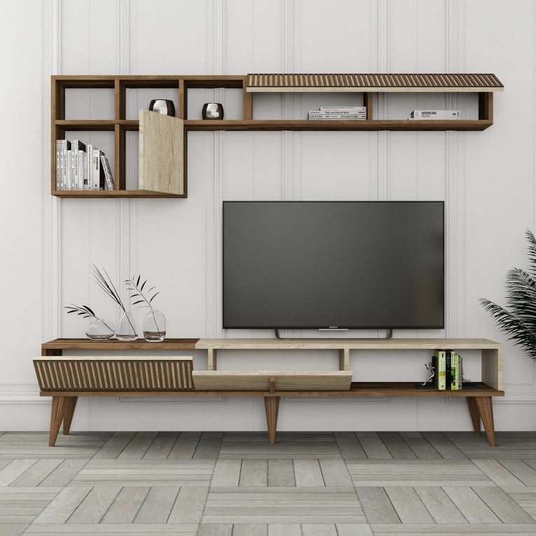 Parete Attrezzata Marrone Noce Beige Marmo Modulabile 11 Ripiani, 10 Vani - Cavoti