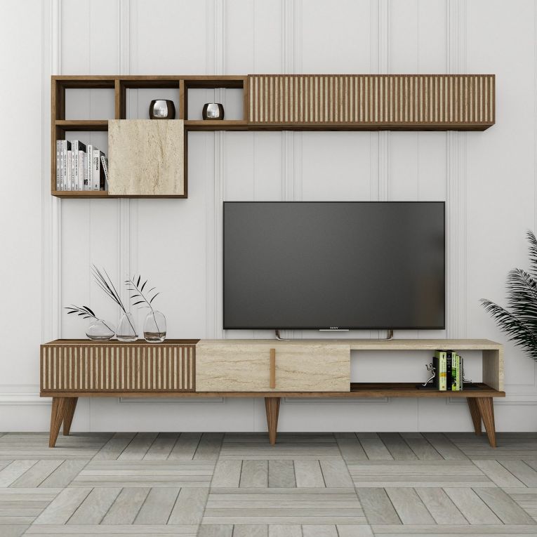 Parete Attrezzata Marrone Noce Beige Marmo Modulabile 11 Ripiani, 10 Vani - Cavoti