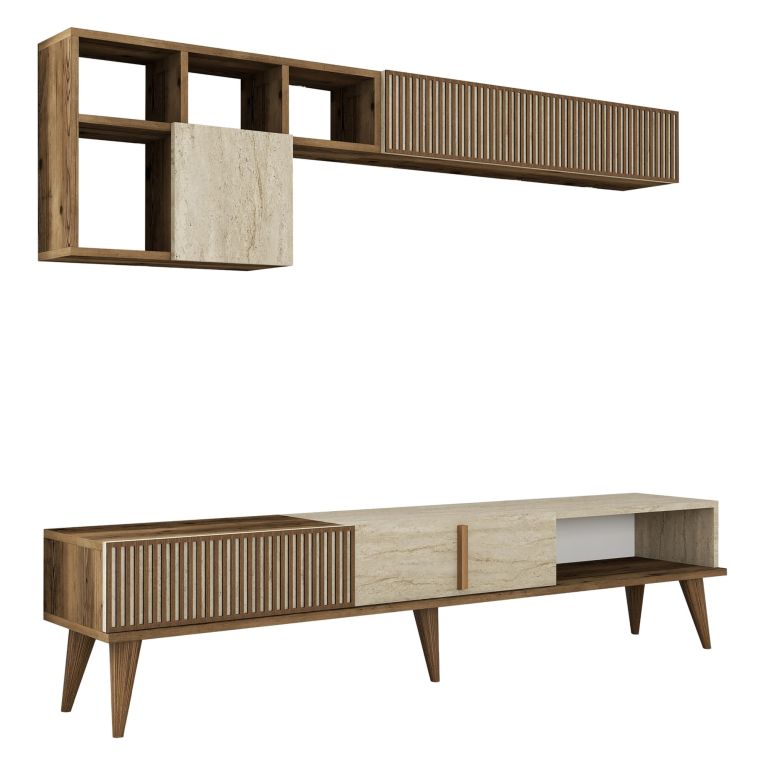 Parete Attrezzata Marrone Noce Beige Marmo Modulabile 11 Ripiani, 10 Vani - Cavoti