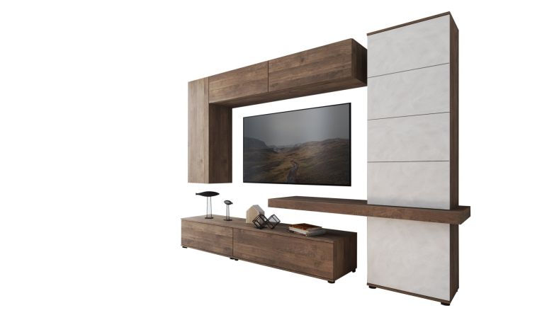 Parete Attrezzata Marrone Noce Beige Modulabile 2 Cassetti, 5 Ripiani - Portula