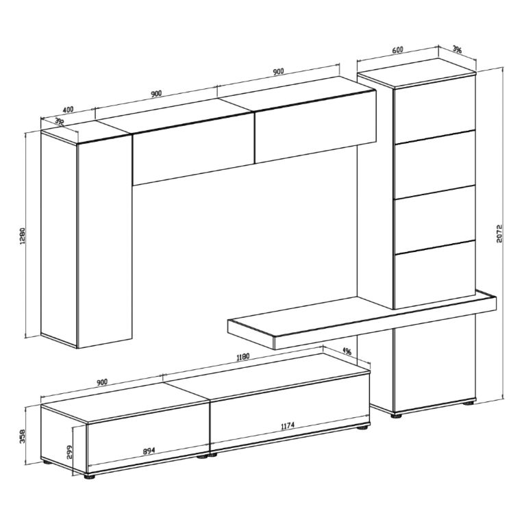 Parete Attrezzata Marrone Noce Beige Modulabile 2 Cassetti, 5 Ripiani - Portula