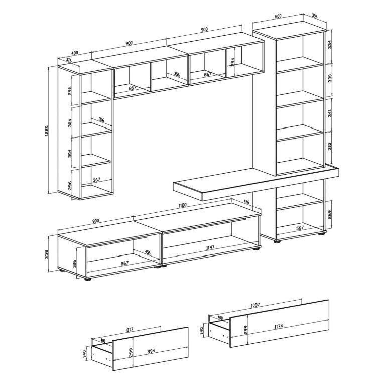 Parete Attrezzata Marrone Noce Beige Modulabile 2 Cassetti, 5 Ripiani - Portula