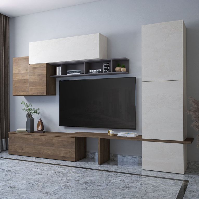 Parete Attrezzata Marrone Noce Bianco 4 Ripiani Modulabile, Apertura Battente, a Ribalta - Cannara