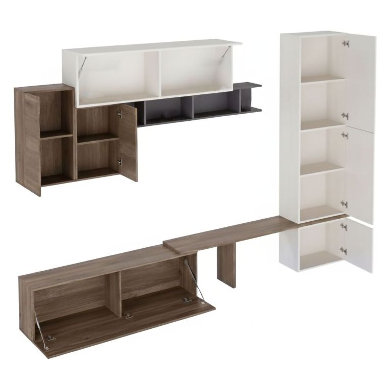 Parete Attrezzata Marrone Noce Bianco 4 Ripiani Modulabile, Apertura Battente, a Ribalta - Cannara