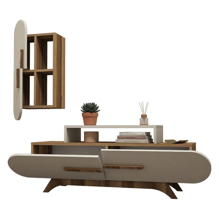Parete Attrezzata Marrone Noce Bianco Crema Modulabile 8 Ripiani, 7 Vani - Genola