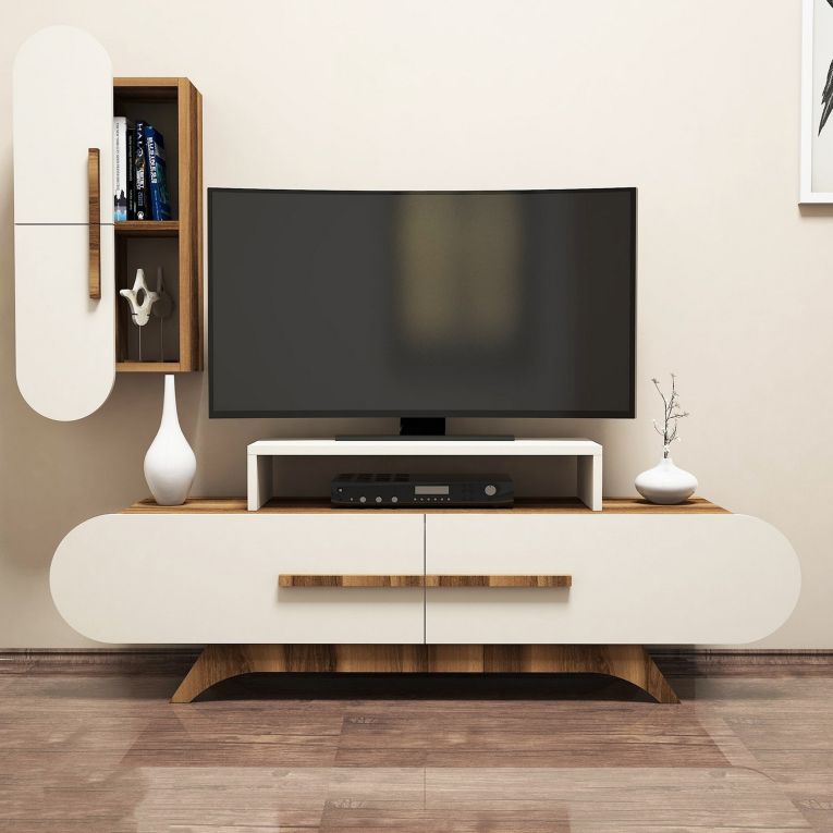 Parete Attrezzata Marrone Noce Bianco Crema Modulabile 8 Ripiani, 7 Vani - Genola