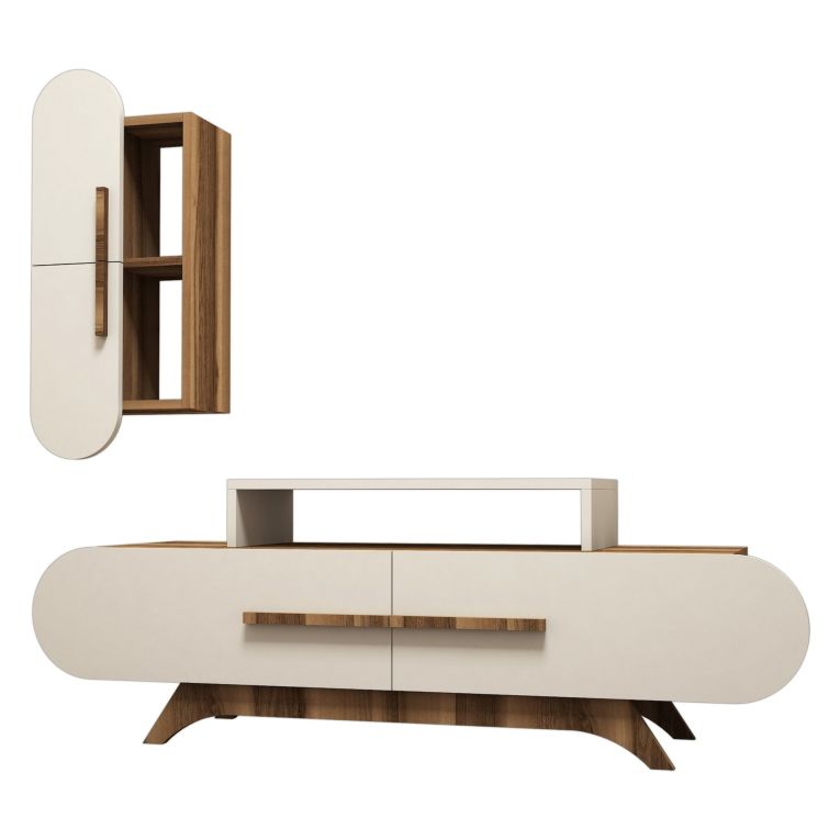 Parete Attrezzata Marrone Noce Bianco Crema Modulabile 8 Ripiani, 7 Vani - Genola