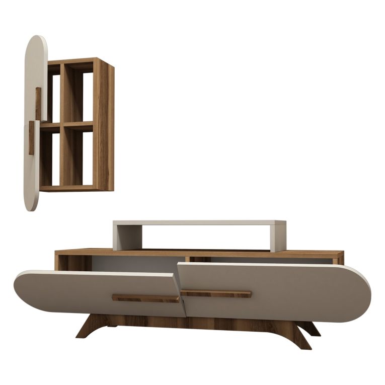 Parete Attrezzata Marrone Noce Bianco Crema Modulabile 8 Ripiani, 7 Vani - Genola