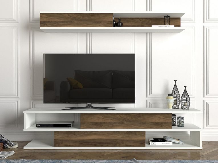 Parete Attrezzata Marrone Noce Bianco Modulabile 4 Ripiani, 2 Ante - Vernole