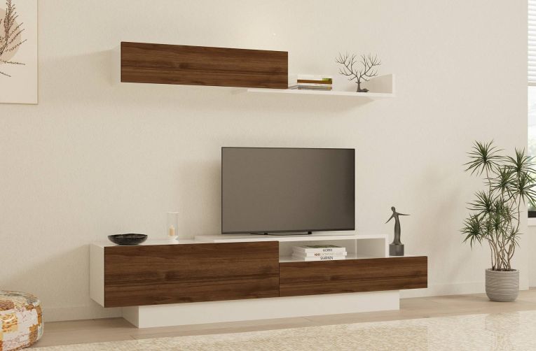 Parete Attrezzata Marrone Noce Bianco Modulabile 6 Ripiani, 3 Ante - Gais