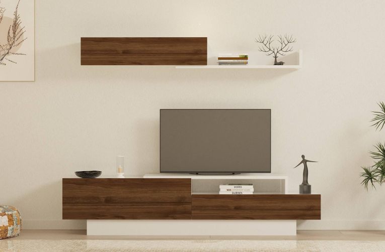 Parete Attrezzata Marrone Noce Bianco Modulabile 6 Ripiani, 3 Ante - Gais