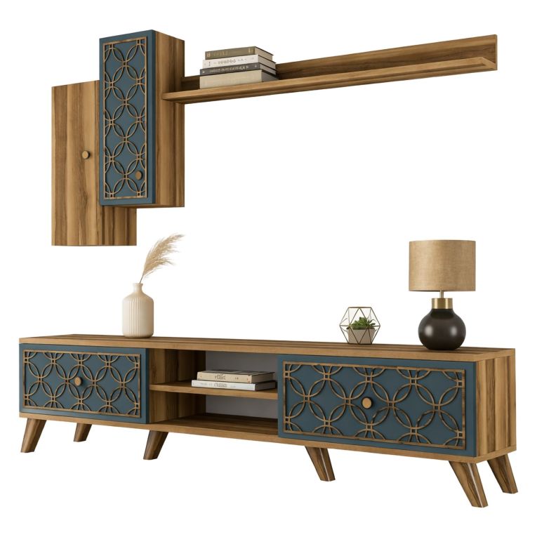 Parete Attrezzata Marrone Noce blu Modulabile 8 Ripiani, 4 Ante - Vanzago