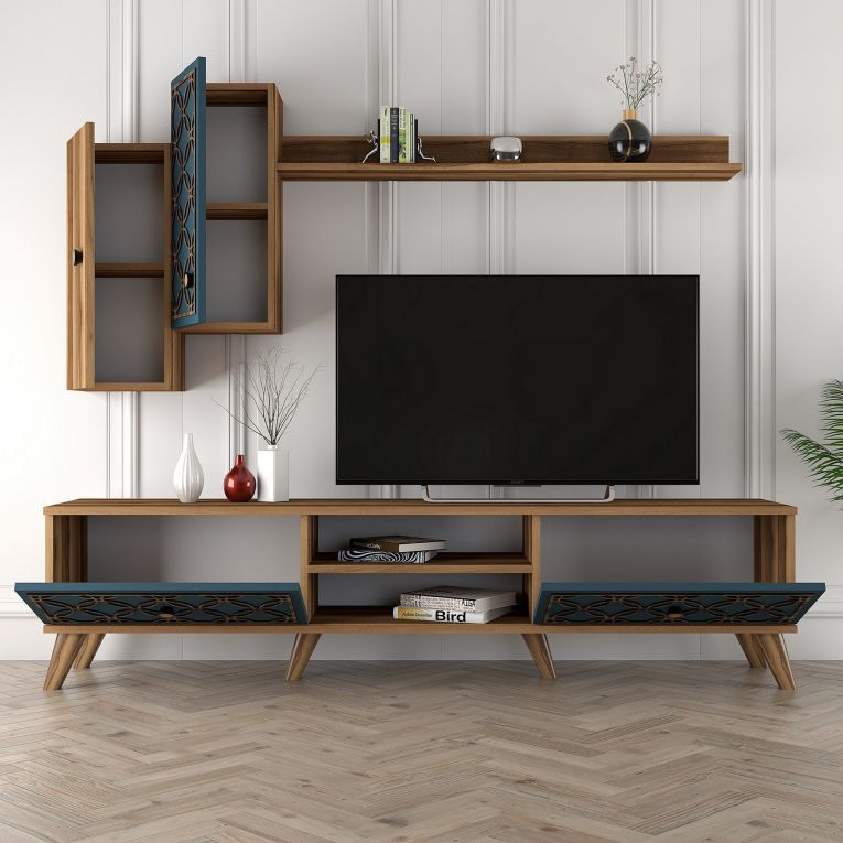 Parete Attrezzata Marrone Noce blu Modulabile 8 Ripiani, 4 Ante - Vanzago